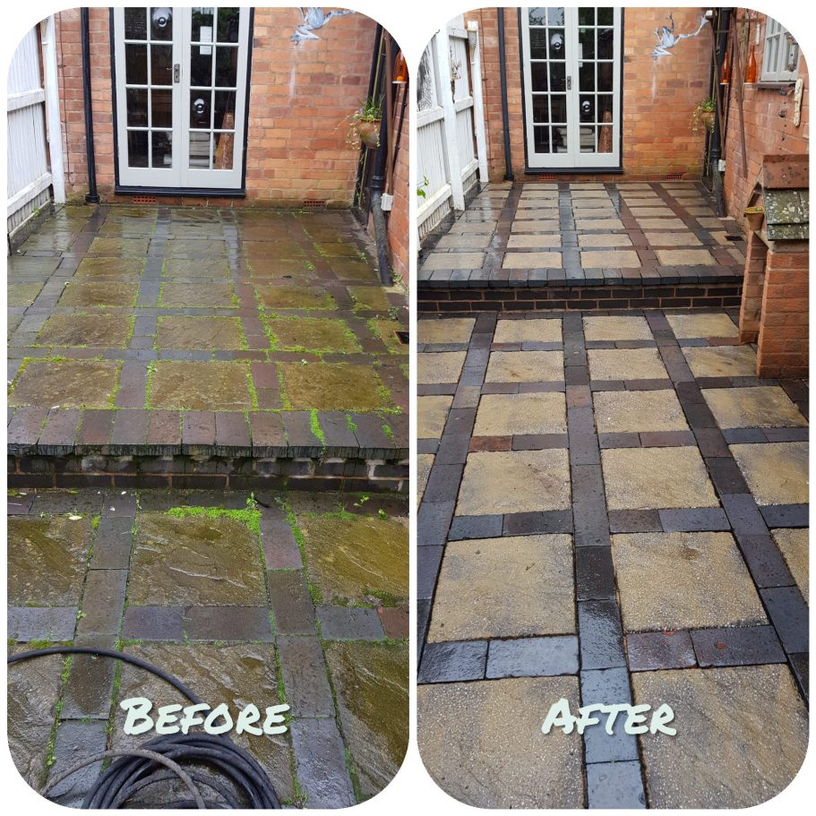 Before and after photo of slabs cleaned using a pressure washer