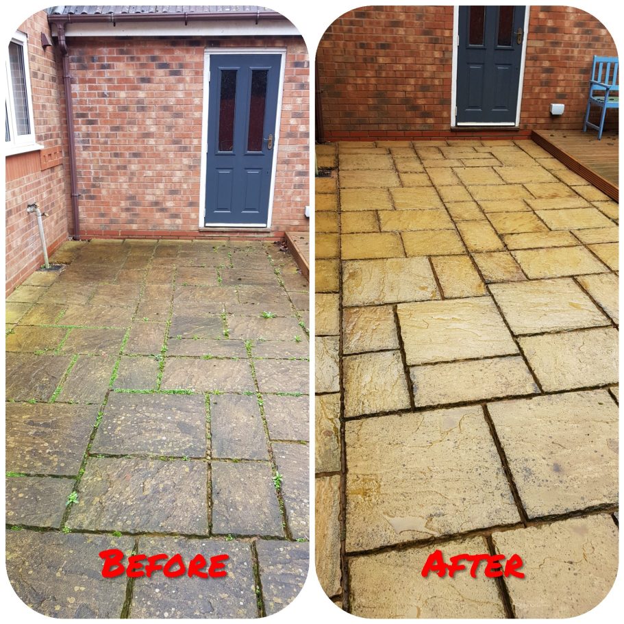 Before and after photo of clean pressure washed buff riven faced slabs