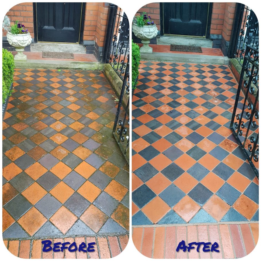 before and after pressure washing of tiled front door access path